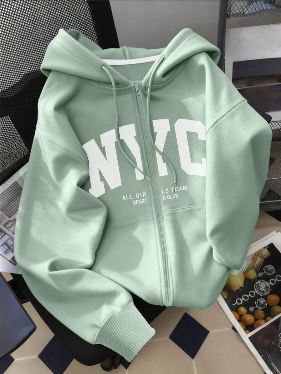 INAWLY 女士连帽拉链卫衣，字母印花图案，休闲外套，适合教师、返校、毕业、日常穿着、冬季外套，时尚百搭，绿色 - 綠色 - 查看 1