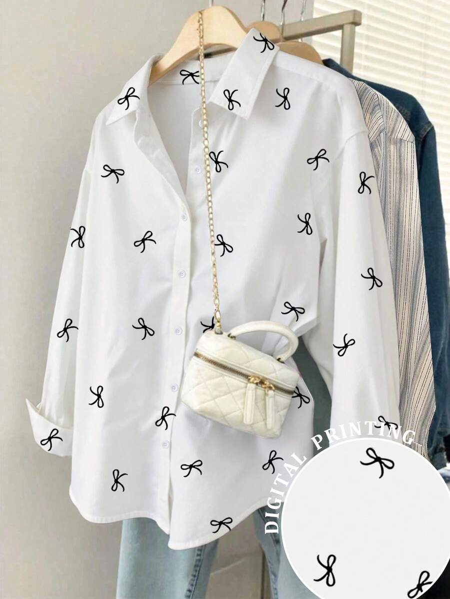 Resyla Women's Bow Print Casual Loose Long Sleeve Shirt - Multicolor - View 1