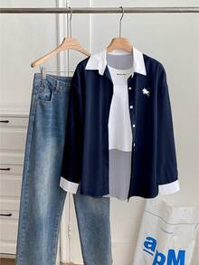 Resyla Women's Loose Fit Drop Shoulder Colorblock Knight Print Long Sleeve Shirt