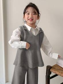 DAZY 2件套女童连帽无袖背心和宽松针织裤套装 - 灰色 - 查看 4