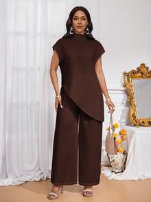 SHEIN Lady 四季两件套女装套装 秋季两件套休闲优雅女士白色编织立领优雅叠穿女士秋季套装 新款女士两件套 女士休闲两件套 - 咖啡棕 - 查看 3