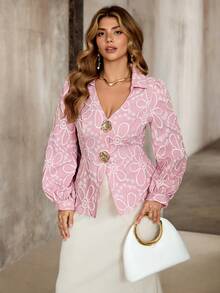 Roveilla 大码女式提花优雅水晶纽扣长袖粉白衬衫 - 粉色 - 查看 5