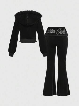 Grunge Punk Y2K Velvet Rhinestone Graphic Cropped Hoodie & Low-Rise Flare Pant2 Piecesce Set For Women