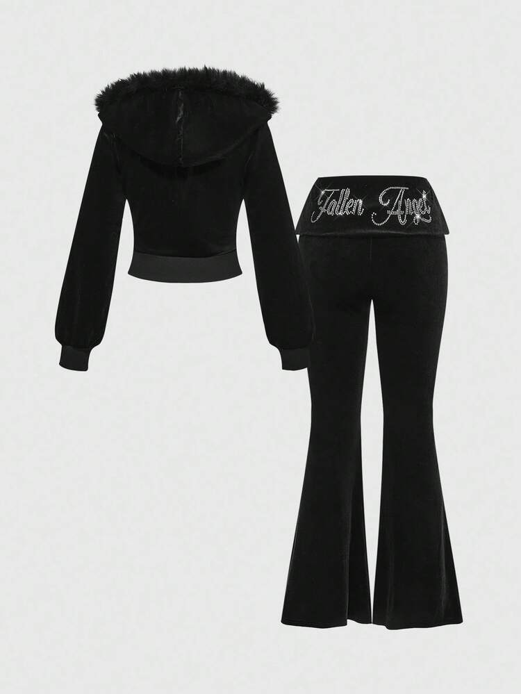 ROMWE Grunge Punk Conjunto de 2 peças com Moletom Cropped de Veludo com Strass Gráfico e Calça Flare de Cintura Baixa para Mulheres - Preto - Visão 1