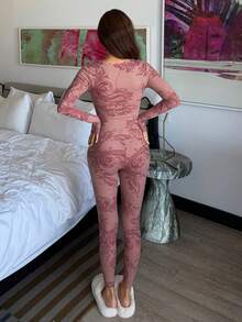 DAZY Women's Floral Pattern Fitted Pajama Set, Autumn/Winter - Pink - View 2