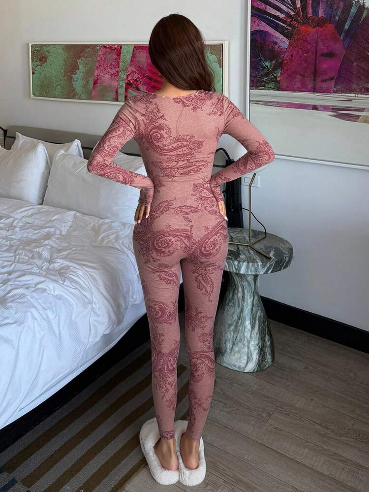 Women's Floral Pattern Fitted Pajama Set, Autumn/Winter