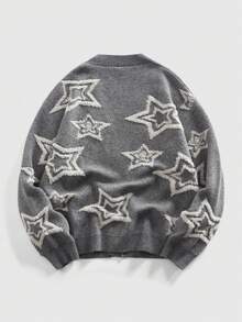 ROMWE MEN Street Life 男士朋克星形图案针织开衫毛衣，时尚冬季款 - 灰色 - 查看 2