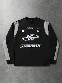 ROMWE MEN Street Life Men's Patchwork Letter Graphic Long Sleeve T-Shirt - Black - View 3