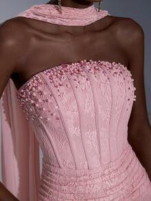 Elitara Elegantes, luxuriöses, dehnbares Spitzen-Bustier mit Formung, betonter Ausschnitt, reich verziert mit Strass und abnehmbarem perlenbesetztem Träger, taillenschmeichelnder plissierter Fischschwanzsaum Kleid, geeignet für Hochzeiten, Singles-Partys, Urlaub, Galas, festliche Anlässe