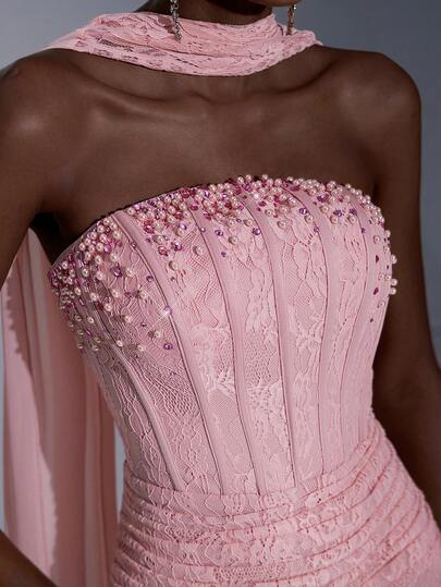 Elitara Elegant Luxurious Stretchy Lace Bustier Shaping Boned Neckline Embellished Dress With Rhinestones And Beaded Detachable Halter, Waist Slimming Pleated Fishtail Hem Dress, Suitable For Weddings, Singles Parties, Vacations, Galas, Formal Occasions Pink, Valentine's Day