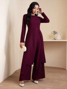 Veilorie 女士纯色圆领常规肩长袖优雅阿拉伯风格服装 - 酒紅色 - 查看 4