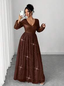 Elenzga Vestido de manga larga de malla con apliques de lentejuelas y cuentas