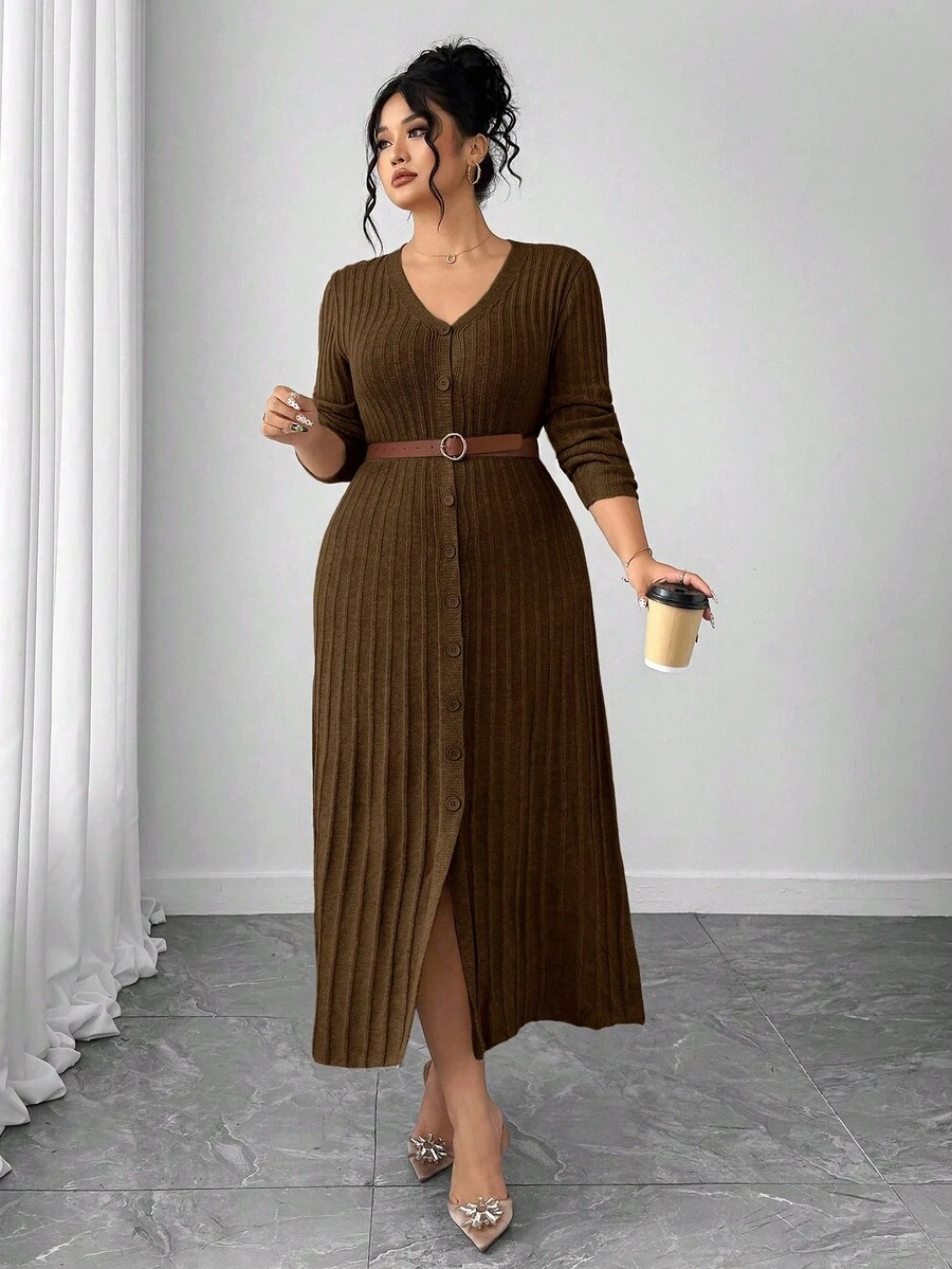 SHEIN Elenzya 1pc Women Plus Size Elegant V-Neck Long Sleeve Flared Hem Sweater Dress - Coffee Brown - View 1