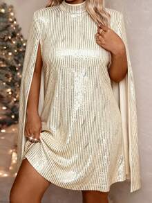 Cravure Plus Size Women Solid Color Sequin Cloak Elegant Fashion Dress