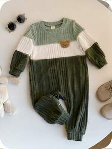 SHEIN Setelan Jumpsuit Lengan Panjang Rajut Rib Termal Warna Hijau Sage untuk Bayi Laki-laki, Baju Terusan Sweater Seragam Lucu dan Sopan untuk Balita di Musim Gugur. - Biru - View 4