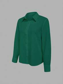 EMERY ROSE Women's Casual Dark Green Woven Fabric Shirt Collar Long Sleeve Button Detail Blouse - Dark Green - View 4