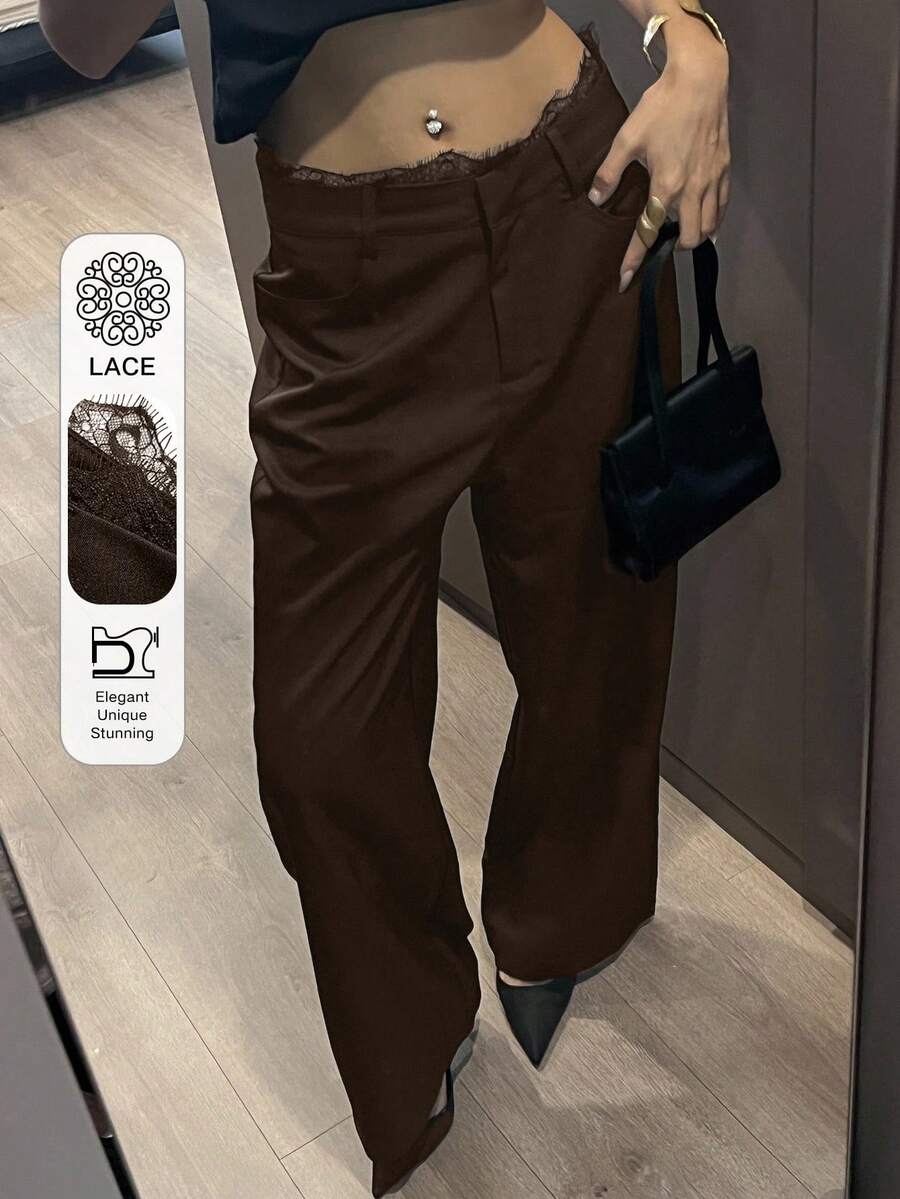 DAZY Women's Loose Casual Lace Patchwork Pants - Coffee Brown - View 1