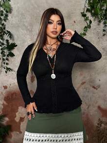 SHEIN Whyspr 大码纯色简约V领长袖深色风格T恤 - 黑色 - 查看 3