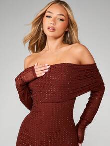 MISSGUIDED Off Shoulder Burgundy Diamante Embellished Mini Dress Long Sleeve Bodycon Evening Party Dress - Brown - View 4
