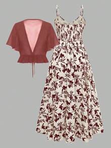 Franclia 大码女式纯色半透明雪纺浪漫荷叶边领带开衫夹克和 V 领细肩带长裙 2 件套，浪漫优雅的女装，适合夏季、户外、室内、休闲、法式休闲、派对 - 咖啡棕 - 查看 2