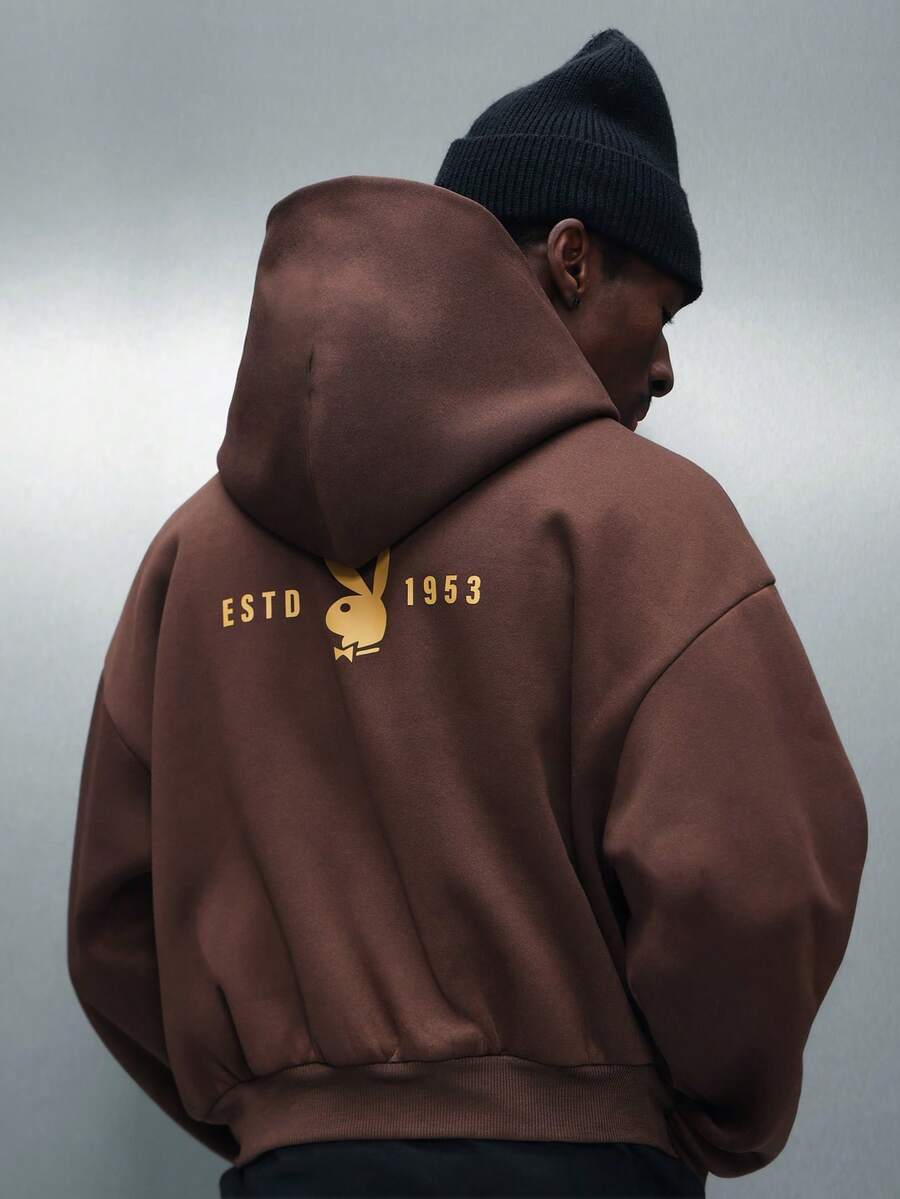 PLAYBOY X SUMWON Körpernaher Herren Kapuzenpullover mit durchgehendem Reißverschluss und Hase Logo, lässiger Streetwear Hoodie