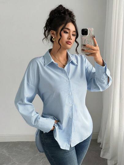 Elenzga Plus Size Striped Print Button-Front Casual Long Sleeve Shirt