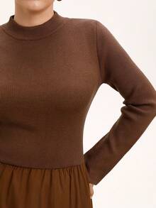 Aveloria Modichic Vintage Minimalist Patchwork Knit Mock Neck Long Sleeve Cinched Waist A-Line Dress - Brown - View 5