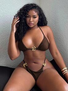 Alexandranx 女士纯色时尚性感比基尼套装夏季 - 棕色 - 查看 5