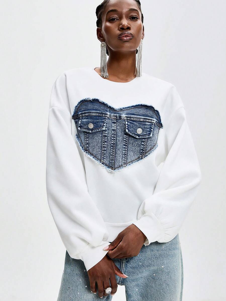 Aveloria GENKIRA Women's Casual Heart Print Applique Sweatshirt - White - View 1