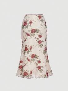 SHEIN MOD 2 件套女士优雅通勤花卉印花喇叭袖上衣和鱼尾裙套装 - 彩色 - 查看 9