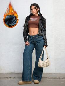 SHEIN ICON Celana Jeans Denim Hangat Kasual Warna Polos untuk Wanita - Biru - View 4