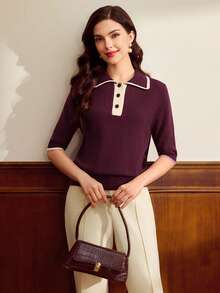 Vintamour Maglione casual da donna a maniche corte con colletto a contrasto di colore - Viola rosso - Visualizzare 5