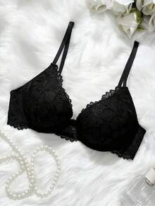 SHEIN 1 pieza Sujetador con cierre frontal con encaje y aros de mujer, de estilo minimalista y elegante - Negro - Ver 4