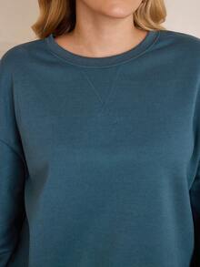 EMERY ROSE Plus Size Solid Crew Neck Thermal Lined Casual Thermal Fall Women Sweatshirts Winter Autumn - Dusty Blue - View 4