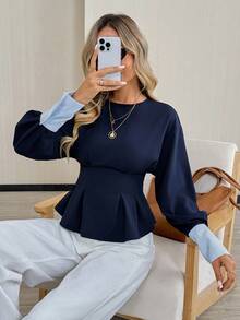 Easowa Elegant Women's Navy Blue Top Blouse Round Neck Striped Cuff Waist Pleated Hem Fashionable Blouse Elegant Women's Blouse Women's Crop Top Long Sleeve Top Tops For Women Work Outfits For Women Winter Women Business Casual For Women Dark Blue Top Navy Blue Blouse Peplum Top Women Business Casual Woman Top Peplum Blouse Blue Long Sleeve Top