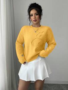 Elenzga Women's Crew Neck Floral Pattern Solid Color Pullover Sweater - Yellow - View 6