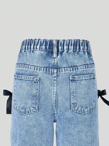 SHEIN ChillGRL 女童 Y2K 风格休闲直筒牛仔裤，带侧蝴蝶结装饰，适合所有季节