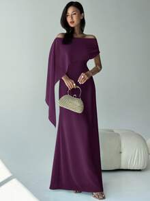 Aloruh 新款露肩船领飘逸修身设计感生日迷你连衣裙派对鸡尾酒会百搭绿色美人鱼下摆长裙 - 紫色 - 查看 8