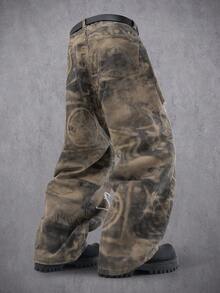 Manfinity Denimwave Men's Casual Fashion Street Graffiti Print Distressed Loose Wide-Leg Jeans Baggy Regular Washed Camouflage Y2K Going Out Party Ripped Jeans For Unisex - Coffee Brown - View 2