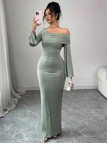 Modelyn 不对称领口褶皱提花纹理长袖修身开衩下摆优雅连衣裙 - 綠色 - 查看 6