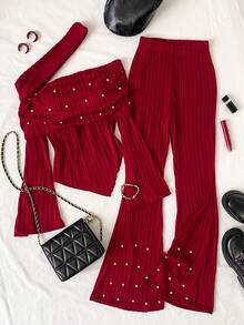 Conjunto de punto para adolescentes, camiseta de manga larga con hombros descubiertos y bajo asimétrico + pantalones acampanados de punto con cintura elástica y decoración de perlas, dulce y cómodo para uso diario
