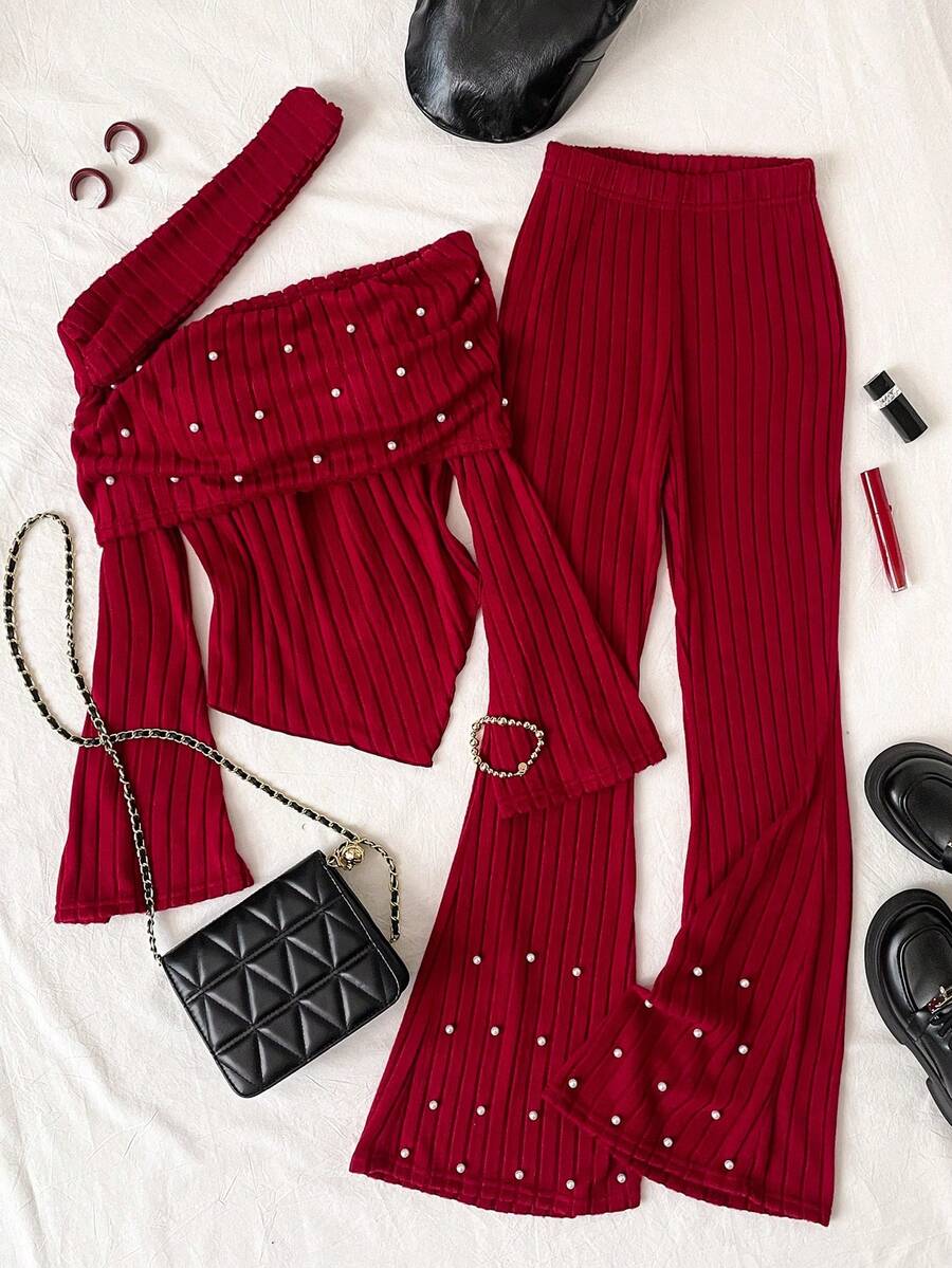 Conjunto de punto para adolescentes, camiseta de manga larga con hombros descubiertos y bajo asimétrico + pantalones acampanados de punto con cintura elástica y decoración de perlas, dulce y cómodo para uso diario