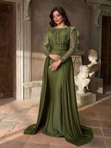 Aureia Plus-Size Elegant Olive Green Winter Formal Evening Formal Dress,Luxurious Sequined Satin Round Collar Gathered Waist Slim Fit Fishtail Hem,Draped - Green - View 5