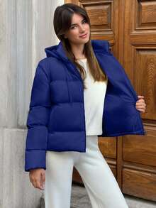 EURMUSE Women's Short Puffer Jacket – Beige Hooded Quilted Winter Coat, Warm Zip Up Outerwear, Ribbed Cuff Details, Lightweight Insulated Bubble Jacket, Drawstring Hood, Fashionable Casual Street Regular Fit, Cozy Thermal Layer - Royal Blue - View 6