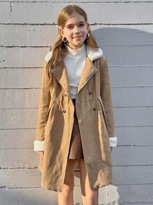 SHEIN 女童仿毛领双排扣腰带毛绒风衣，秋冬 - 彩色 - 查看 9