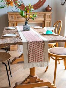 Boho Table Runner Macrame Table Runners For Home Decor ,Cream & Brown Macrame Table Runner With Tassels For Boho Dining Bedroom Decor Rustic Bridal Shower,Farmhouse Rustic Table Runner,Place Mat,Thanksgiving Christmas Home Decor (Multiple Sizes Available) - Red and white grid - View 4