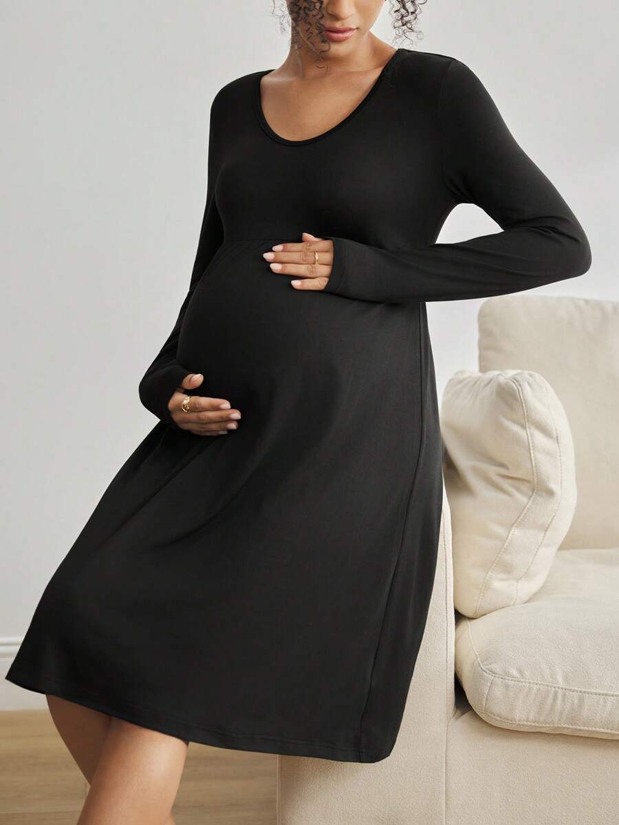 BloomMama Maternity Solid Color Long Sleeve Dress Loungewear, Winter - Black - View 1