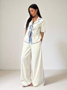 SHEIN PETITE Damen Lässig Pendler Kontrast Saum Schnürhemd und Hose 2-teiliges Set - Gelb - Übersicht 5