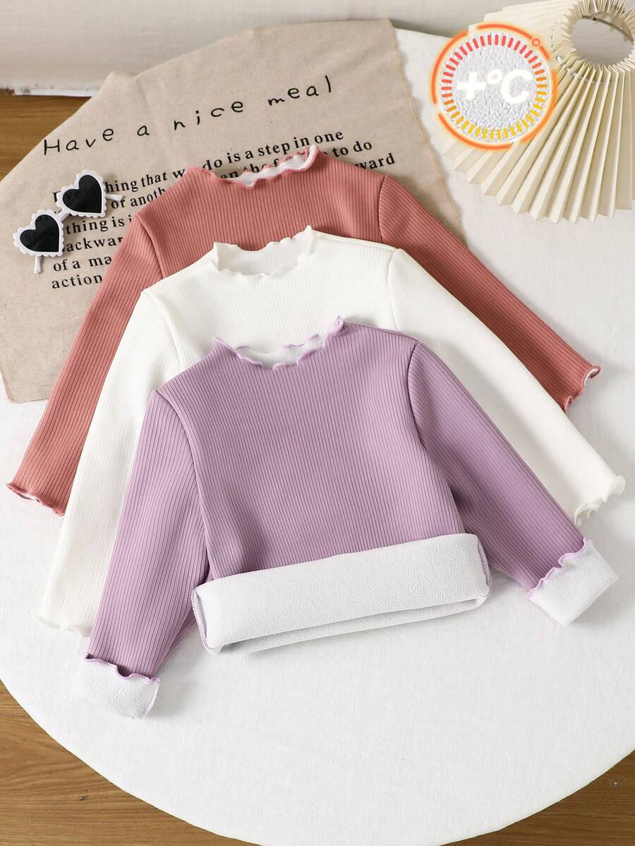 SHEIN LMoss Kids LMoss Young Girl 3 件套年轻女孩纯色高领修身保暖休闲 T 恤套装，秋冬，非常适合休闲、日常穿着和学校日常穿着 - 彩色 - 查看 1