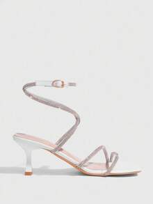 CUCCOO SZL Women's Fashion White Material Rhinestone Strap Wrap Ankle Strap Square Toe Stiletto Heel Sandals, Suitable For Commuting, Dating, Party, Holiday For Christmas - White - View 3